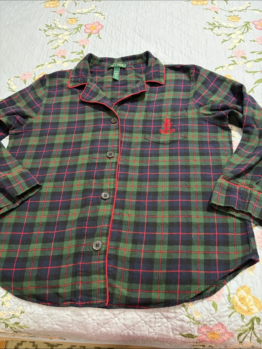 Ralph Lauren Green Label Navy Plaid Button. Pajama Youth Top Red Trim Size XL